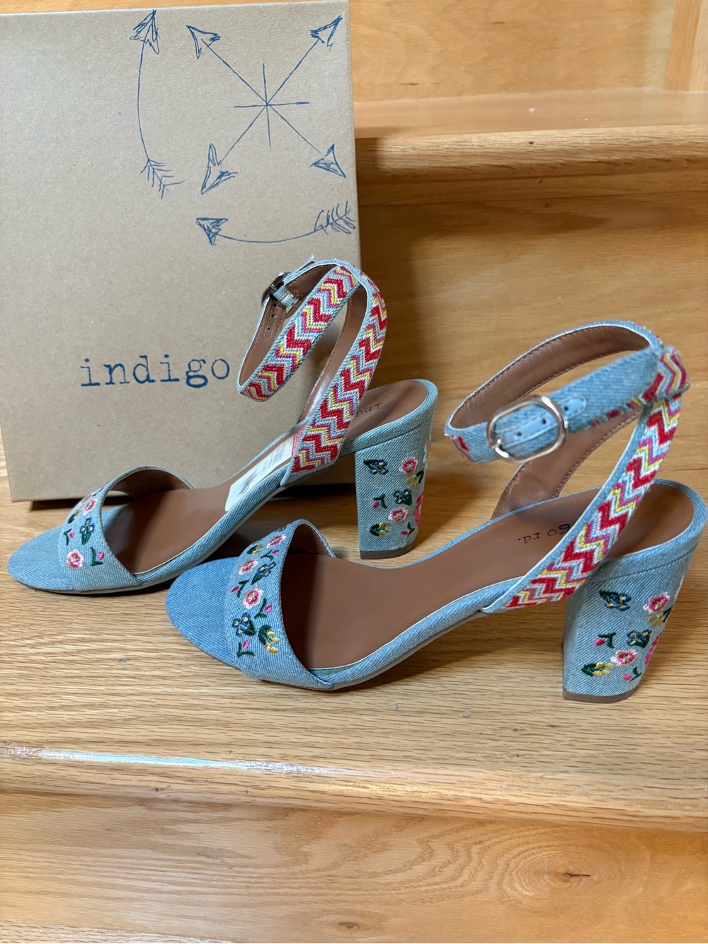 Indigo Rd Light Blue Embroidered Ankle-Strap Block Heels